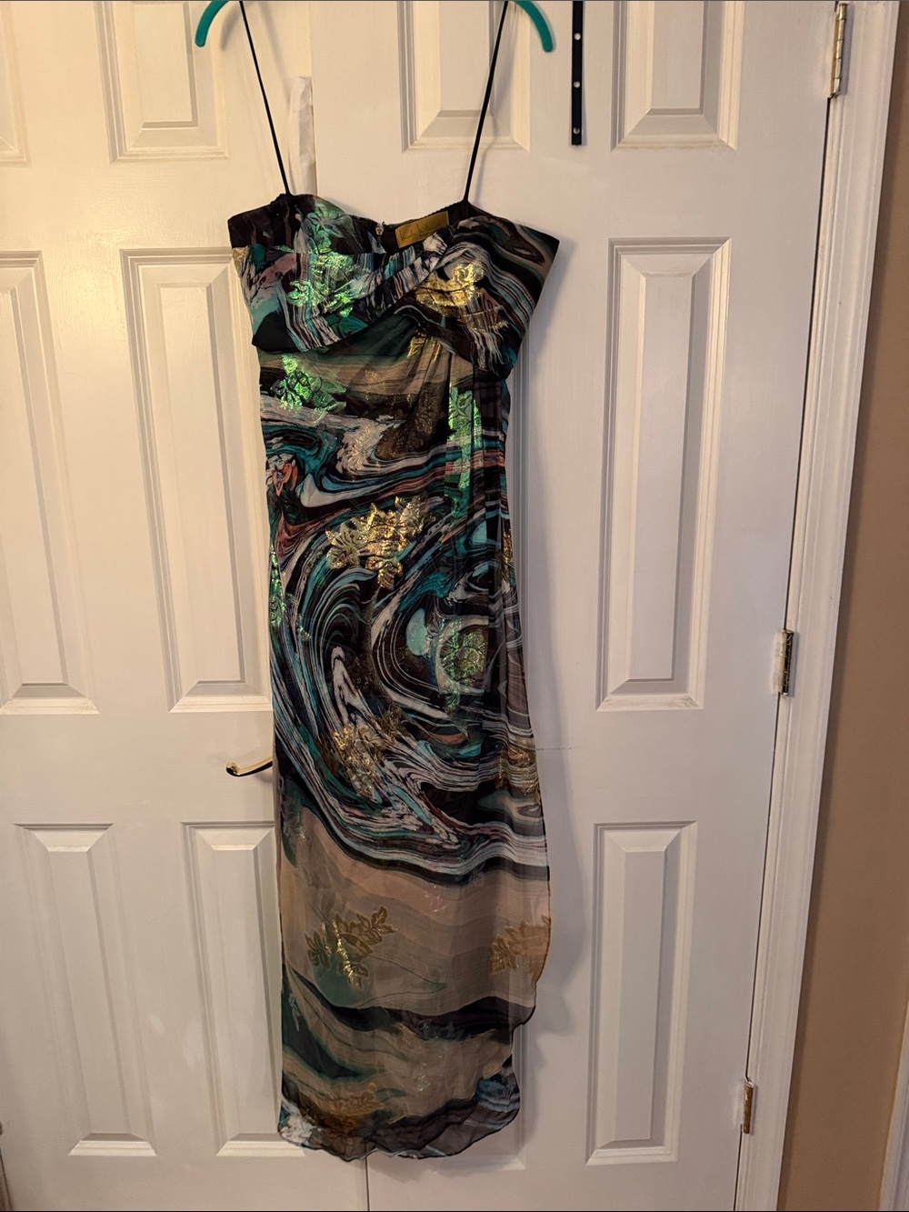 Nicole Miller Strapless Maxi Dress in Black, Teal and Gold